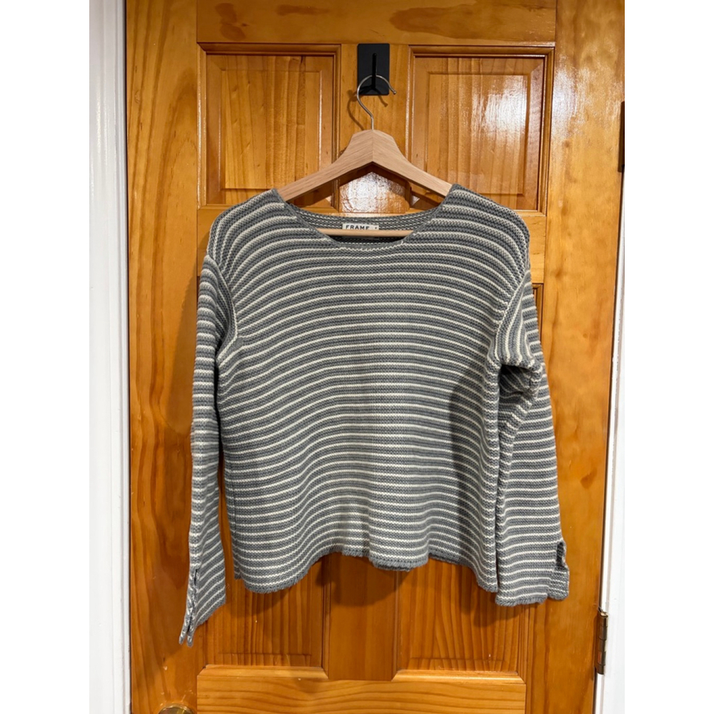 FRAME Striped Cotton Knit Sweater Gray Cream Women’s M Minimalist Chic - Picture 1 of 7